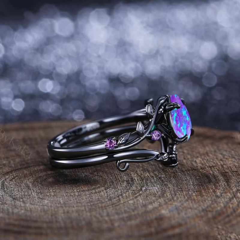 2pcs Black Teardrop Cut Purple Stone Ring Set